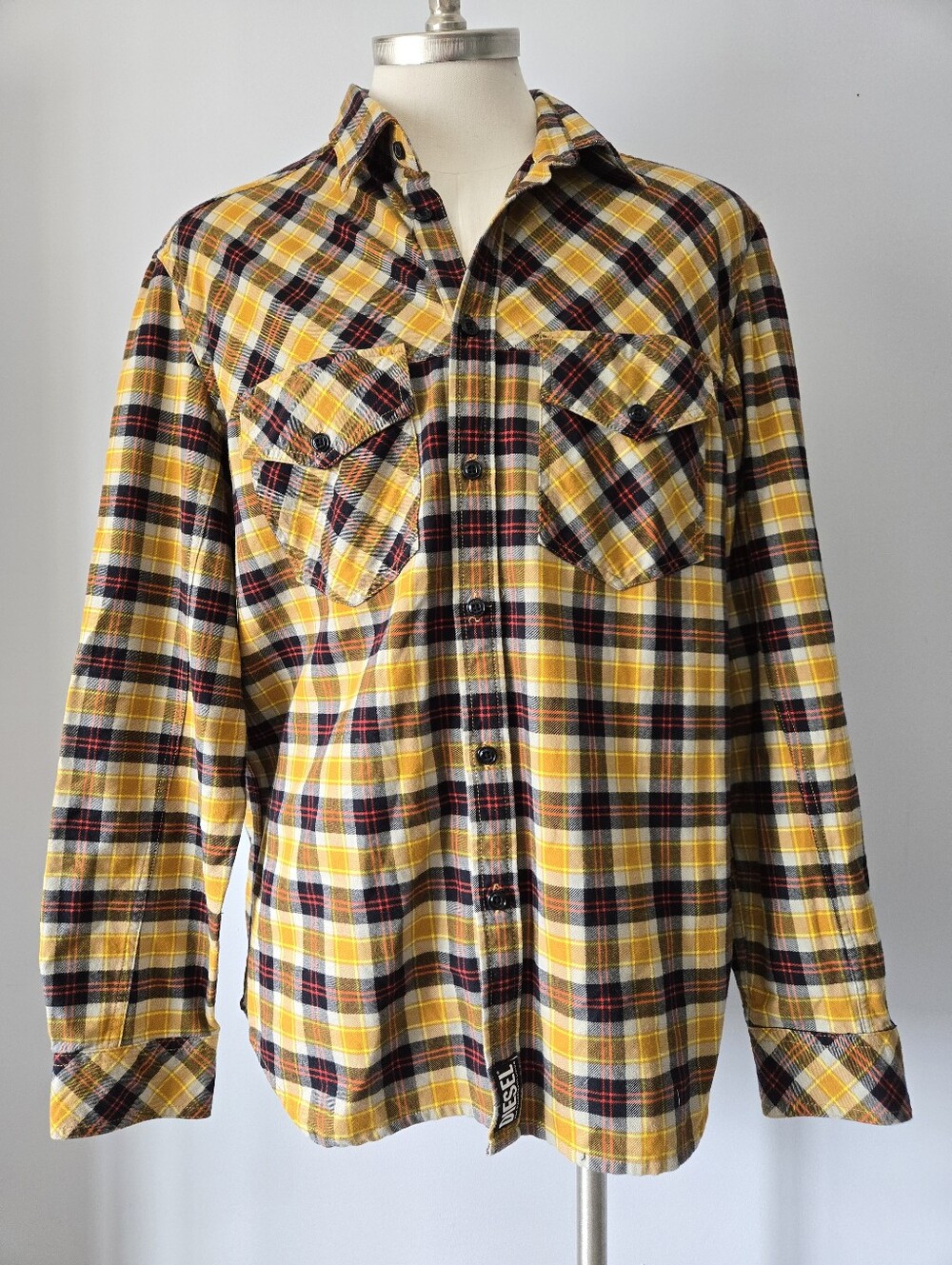 Diesel Yellow With Black Red Plaid Long Sleeve Shirt. Size M